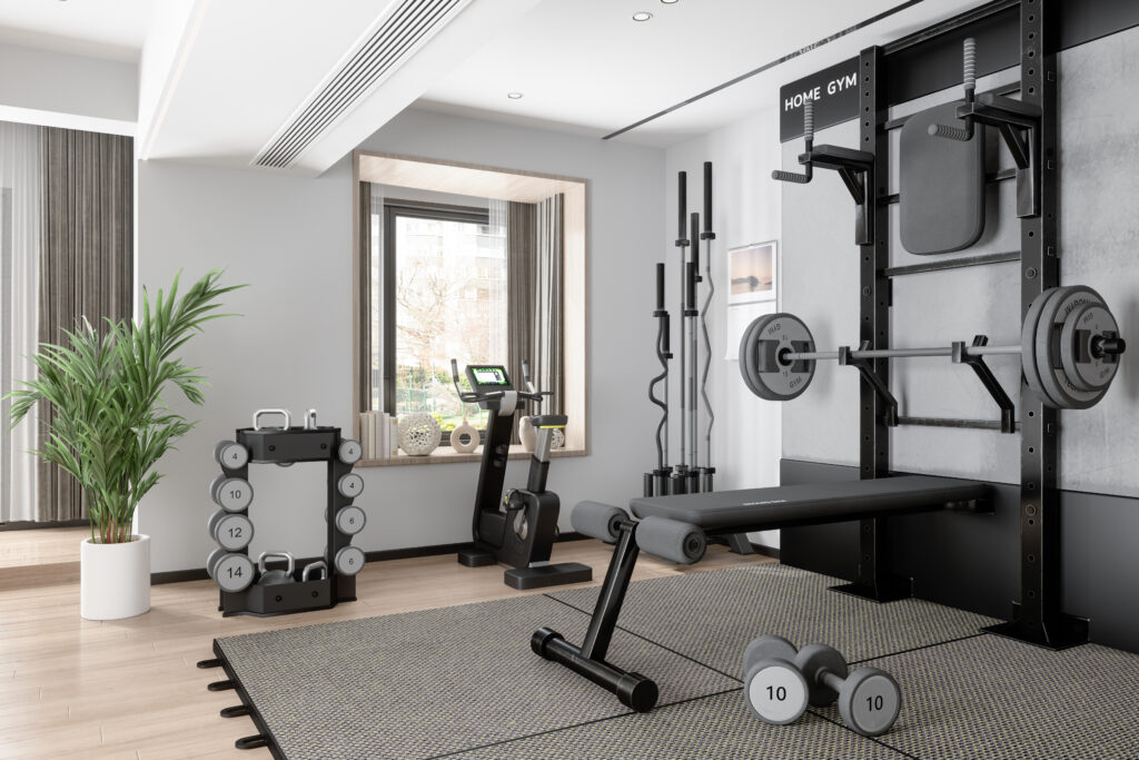 Home gym design. Room with a compact weight bench, dumbbells and stationary bike.