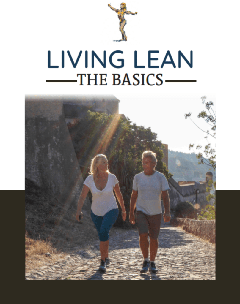 Cover of Fitting Image's eBook titled Living Lean The Basics featuring Fitting Image logo and image of a couple on a hike.