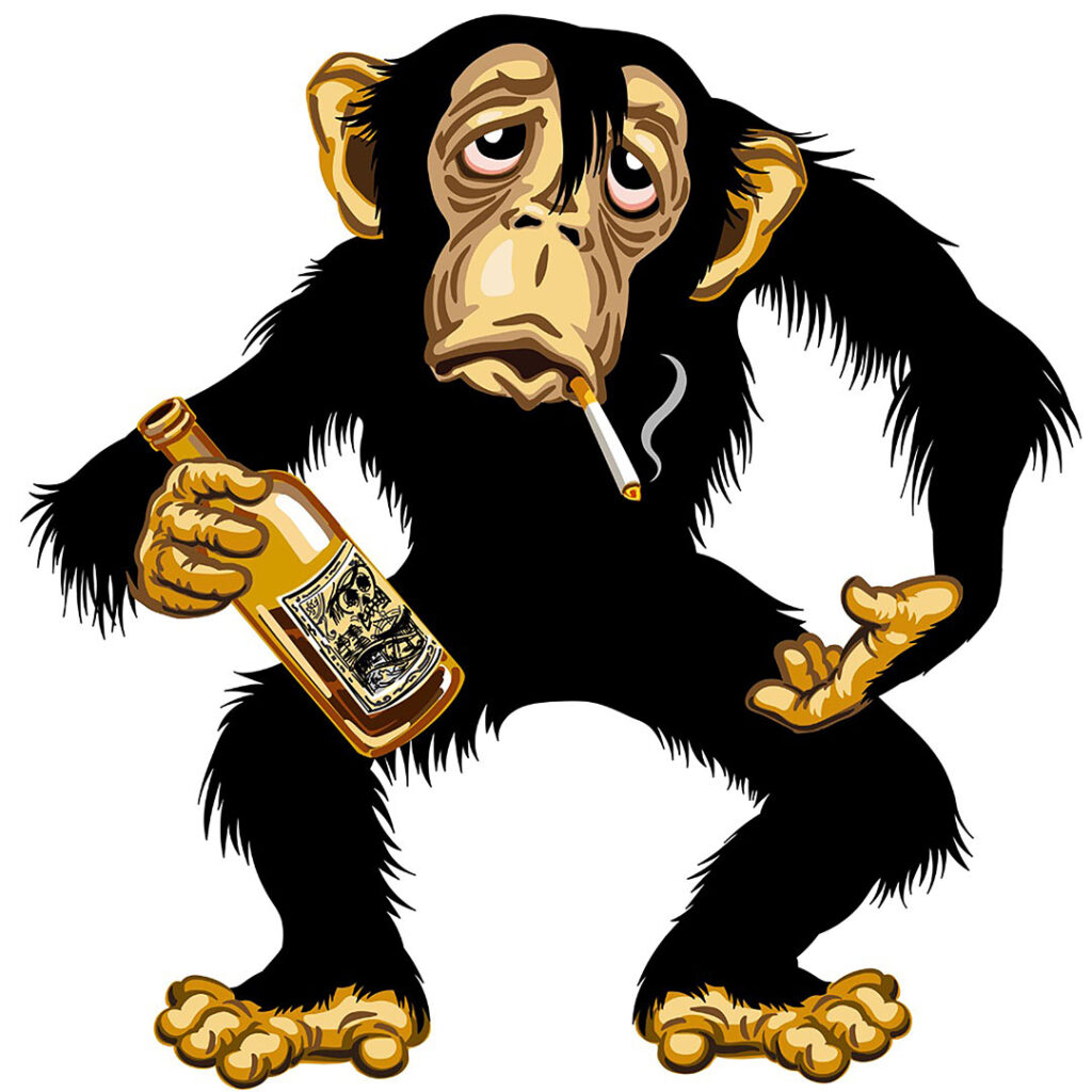 Illustration of a Drunken Monkey holding a bottle or alcohol and smoking a cigarette