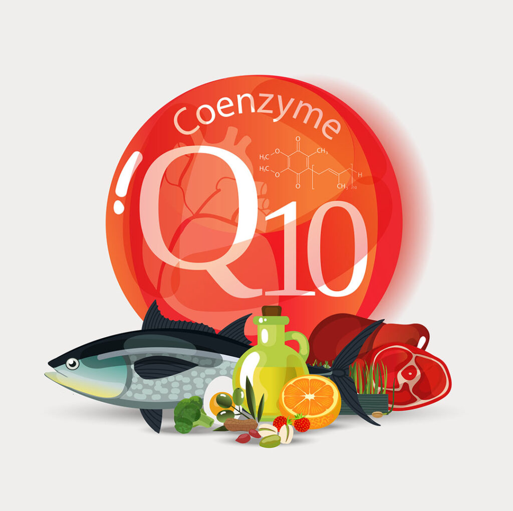 Graphic displaying the words Coenzyme Q10 and a variety of food sources including fish and nuts.