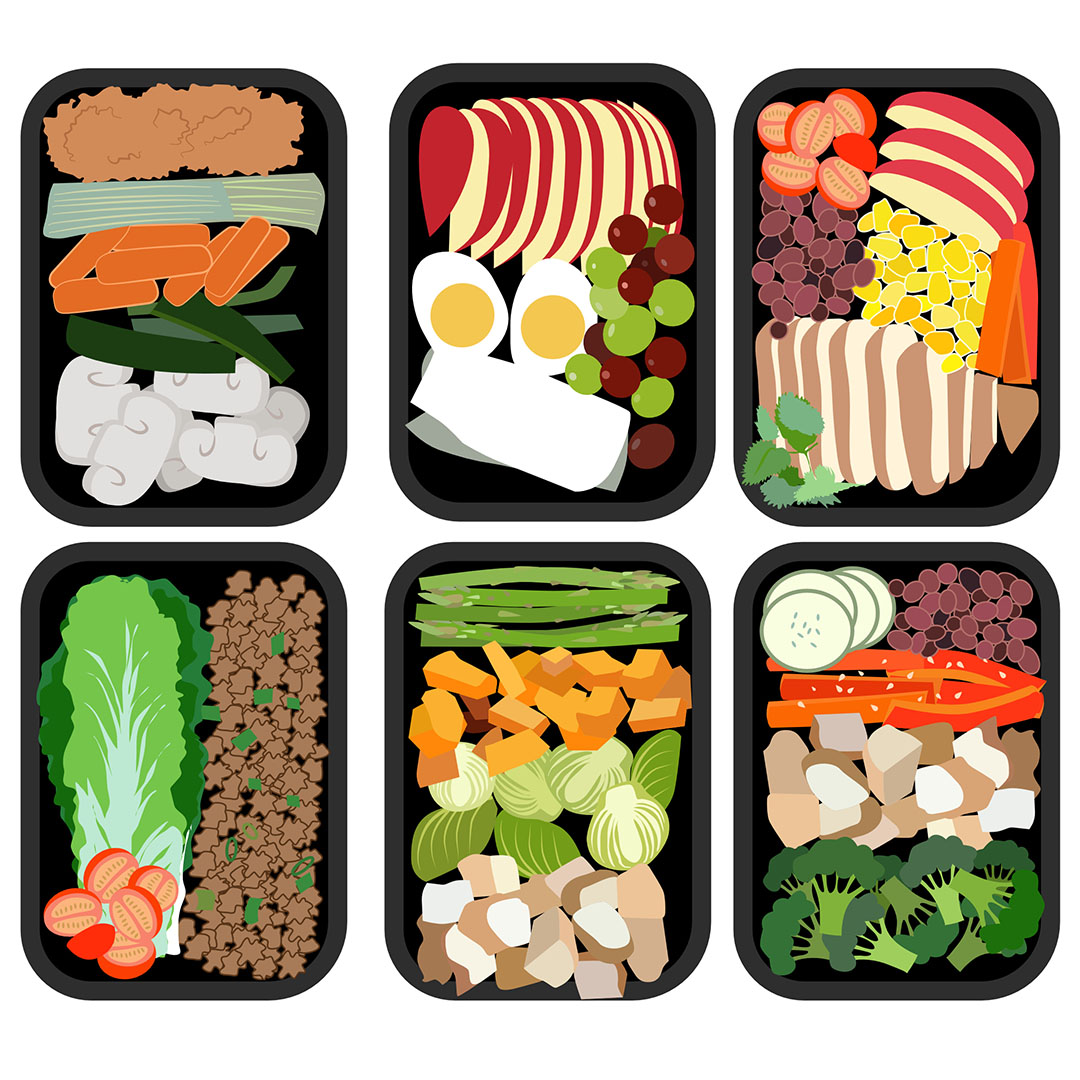 Food graphic depicting fully prepared meals in containers for delivery