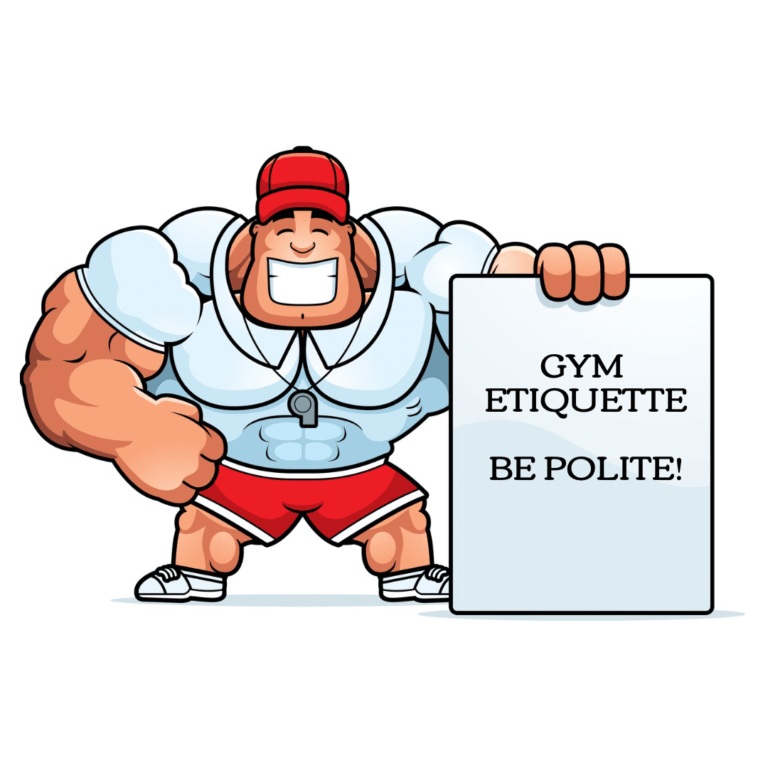 Cartoon drawing showing a super buff fitness coach holding a sign which reads "Gym Etiquette, Be Polite"