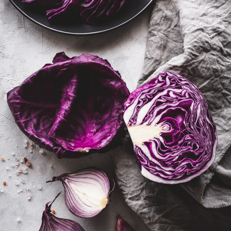 1/2 red cabbage, cabbage leaf, and red onion on light gray background including gray towel and partial view of black bowl holding cable