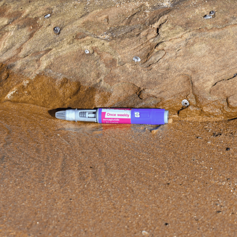 Empty vial of a semaglutide injection discarded on the sand at the beach